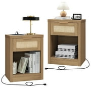 OAKHAM Rattan Nightstand set of 2 with Charging Station, Bedside Table with Type-C/USB Port, Boho Side Tables End Table for Living Room, Bedroom, Weathered Oak