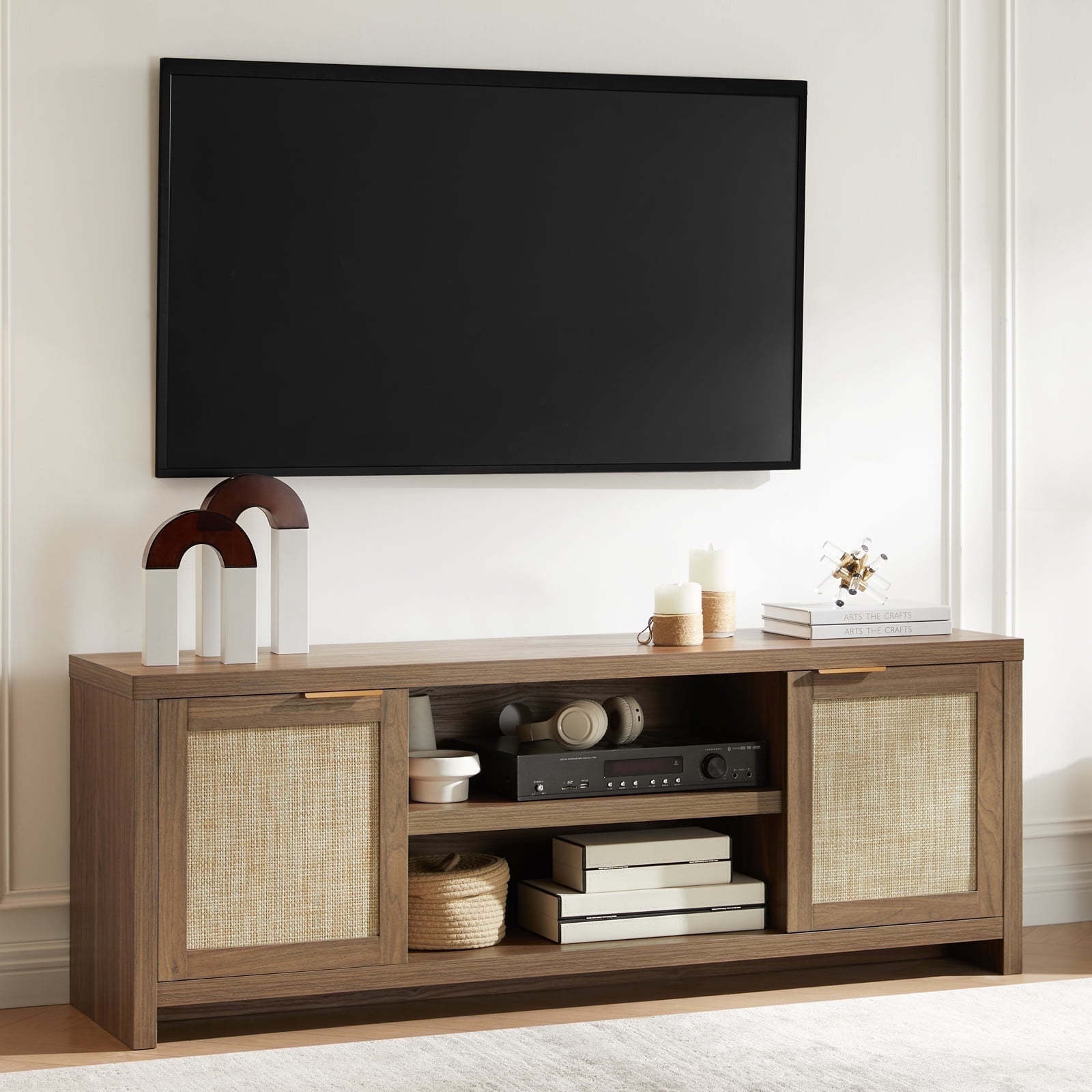 OAKHAM Farmhouse Rattan TV Stand for 65 Inch, Wood Media Console