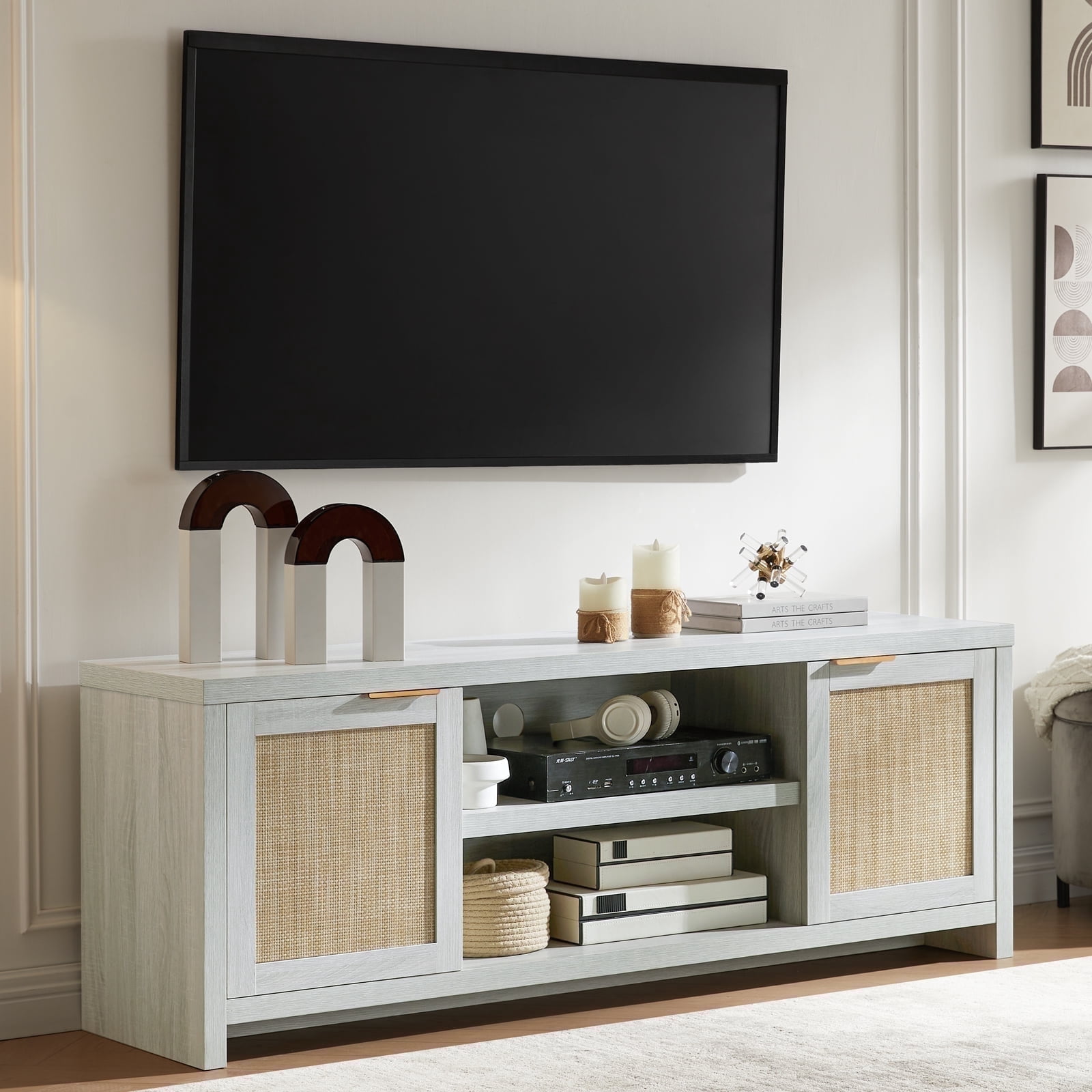 OAKHAM 65 inch Rattan TV Stand with Storage, Mid Century Modern Entertainment Center for Living Room, 2 Cabinet Media Console, TV Console Table with Doors, Pale Oak