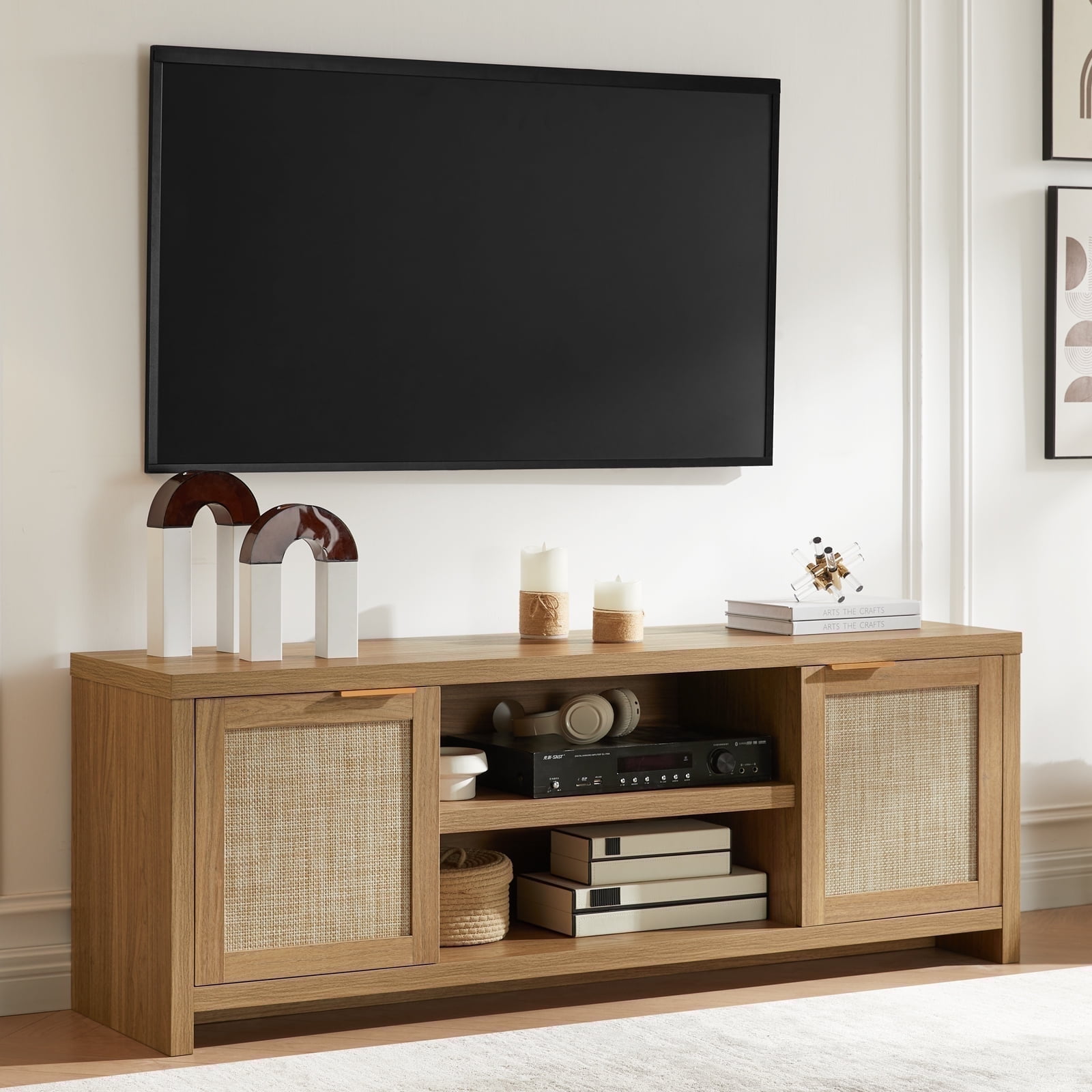 OAKHAM Tv Stands for 65 inch Tv, Modern Farmhouse Entertainment Center, Rattan TV Console with Storage, Wood Media Console Cabinet, Weathered Oak