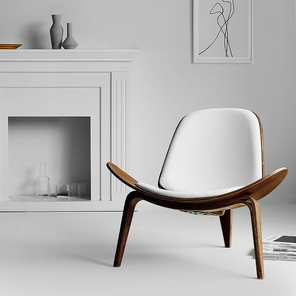 OAKHAM Shell Chair, Armless Mid Century Modern Accent Chair Faux Leather Shell Lounge Chair for Living Room, Tripod Side Chair with Padded Seat, (Oak-White)