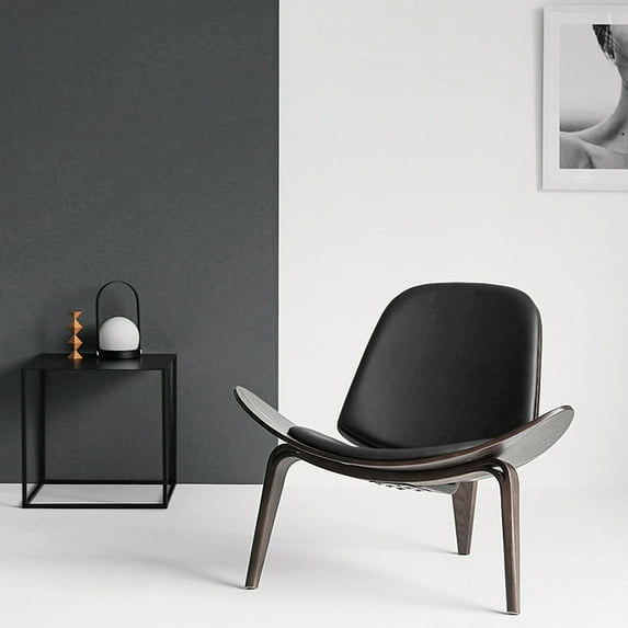 OAKHAM Shell Chair, Armless Mid Century Modern Accent Chair Faux Leather Shell Lounge Chair for Living Room, Tripod Side Chair with Padded Seat, (Walnut-Black)