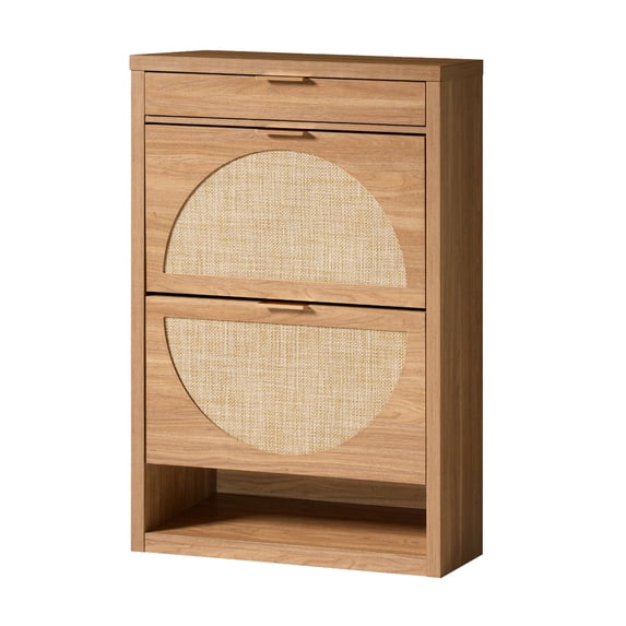 OAKHAM Shoe Storage Cabinet for Entryway, Rattan Shoe Organizer with Flip Drawers, Narrow Silm Thin Hidden Shoe Storage, Shoe Rack for Front Door Entrance (Weathered Oak)