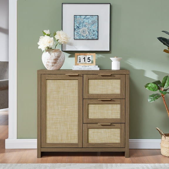 OAKHAM Storage Cabinet with 3 Drawer, Rattan Sideboard Buffet Accent Cabinet Boho Entryway Storage Cabinet Console for Living Room, Bedroom, Hallway, Special Walnut