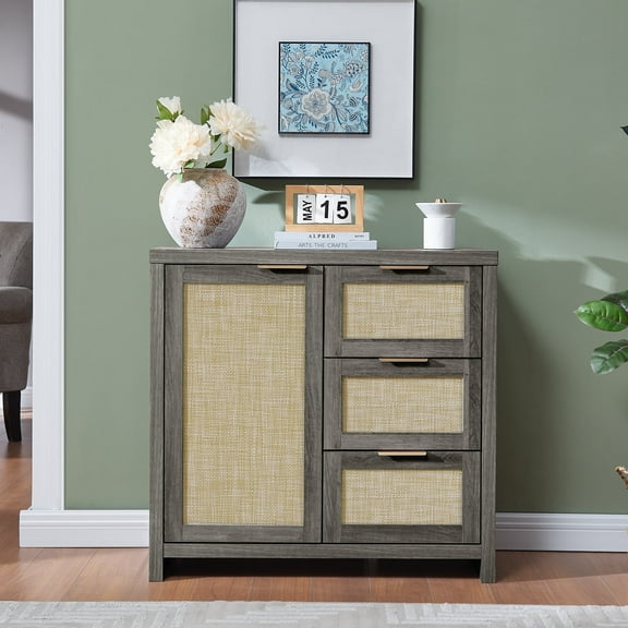 OAKHAM Storage Cabinet with 3 Drawer, Rattan Sideboard Buffet Accent Cabinet Boho Entryway Storage Cabinet Console for Living Room, Bedroom, Hallway, Midnight Oak