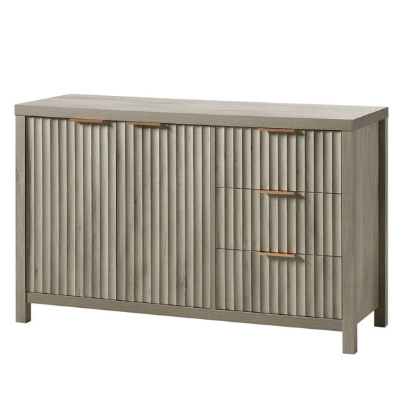 OAKHAM Storage Cabinet with 3 Drawers, Fluted Sideboard Buffet with Adjustable Shelf, Gray Oak