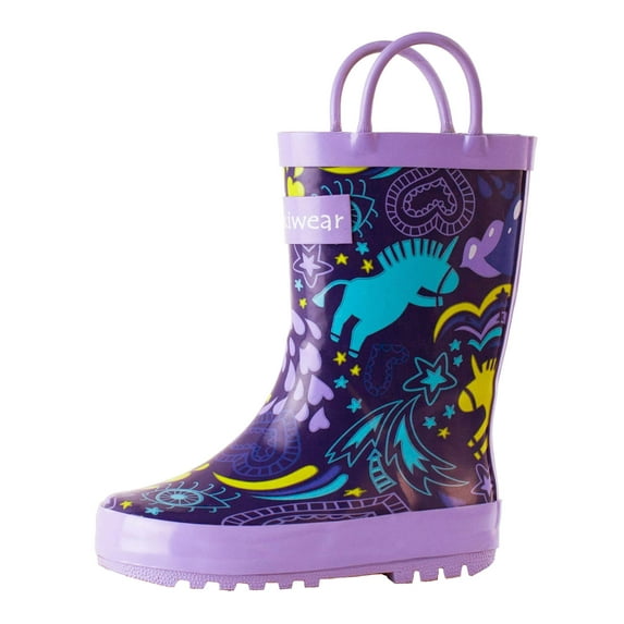 OAKI Kids Waterproof Rubber Rain Boots with Easy-On Handles. Toddler (1-4 Years) 6 Toddler Purple Unicorn