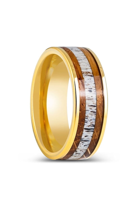 OAKRIDGE | Yellow Tungsten Ring, Whiskey Barrel & Deer Antler Inlay