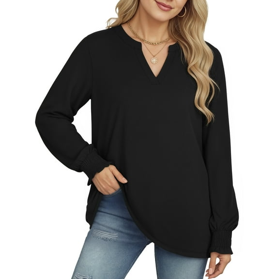 OALUXE Blouses for Women Long Sleeve Shirts V Neck Smocked Cuffs Tunic Tops