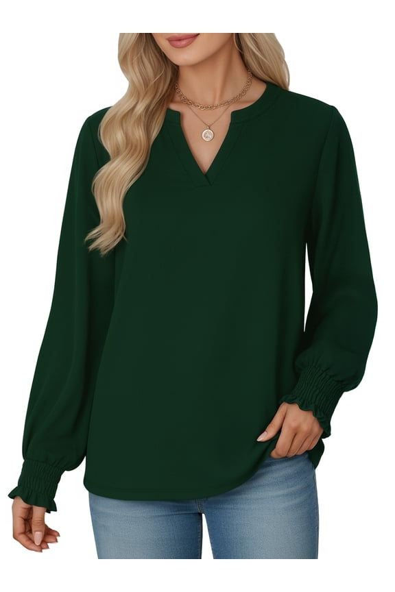 Blouses for Women Long Sleeve Shirts V Neck Smocked Cuffs Tunic Tops