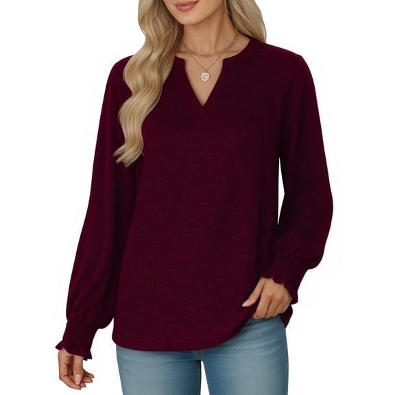 OALUXE Blouses for Women Long Sleeve Shirts V Neck Smocked Cuffs Tunic Tops