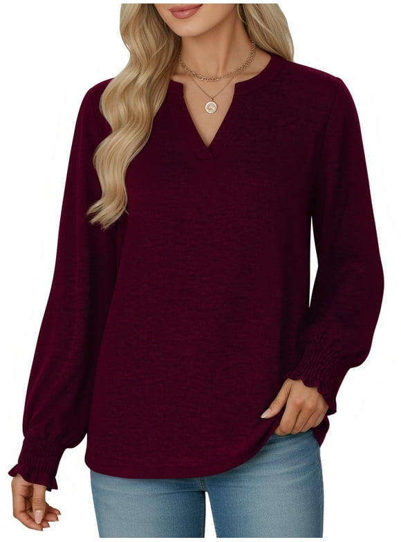Blouses for Women Long Sleeve Shirts V Neck Smocked Cuffs Tunic Tops