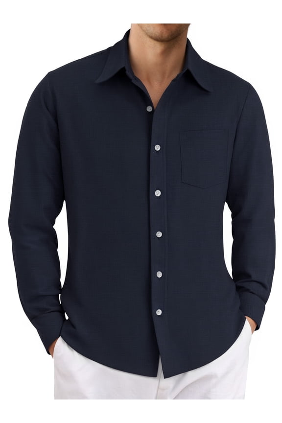 Linen Button Down Shirts For Men Casual Long Sleeve Lightweight Dress Shirts With Pocket