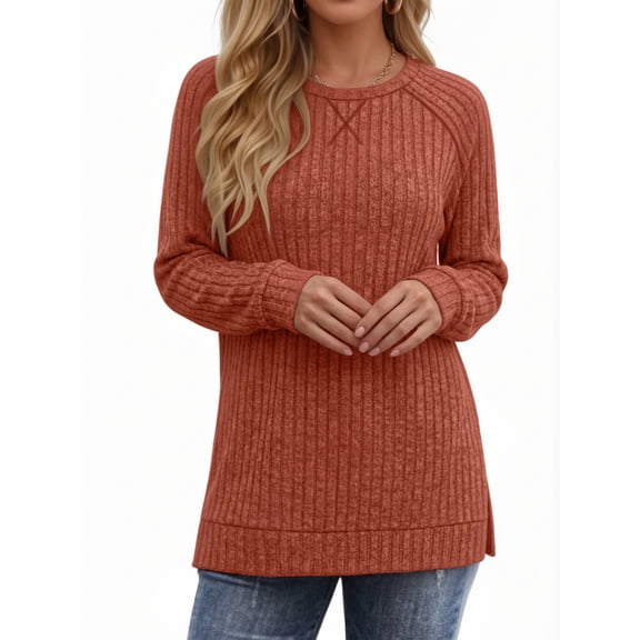 OALUXE Long Sleeve Shirts for Women Dressy Casual Tunic Tops Crewneck Side Split Lightweight Pullover Sweaters