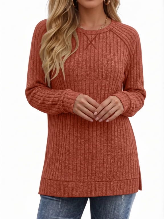 Long Sleeve Shirts for Women Dressy Casual Tunic Tops Crewneck Side Split Lightweight Pullover Sweaters