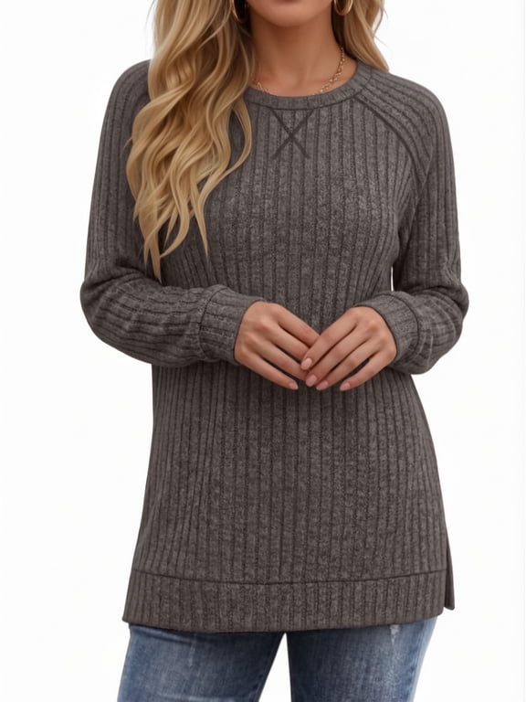 Long Sleeve Shirts for Women Dressy Casual Tunic Tops Crewneck Side Split Lightweight Pullover Sweaters