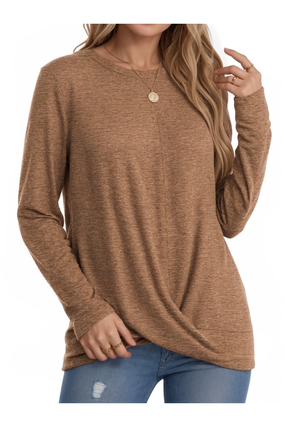 Long Sleeve Shirts for Women Dressy Casual Tunic Tops Crewneck Front Twist Blouses