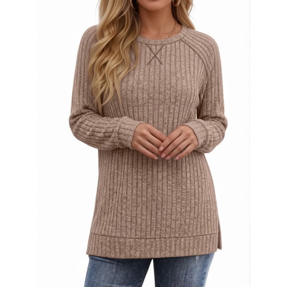 OALUXE Long Sleeve Shirts for Women Dressy Casual Tunic Tops Crewneck Side Split Lightweight Pullover Sweaters