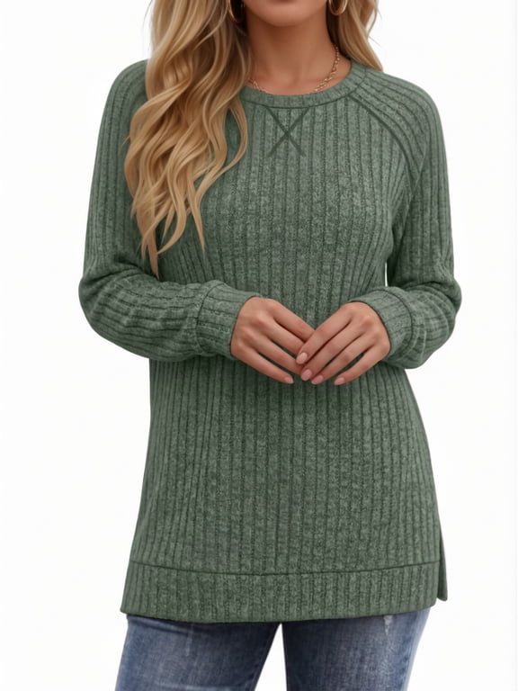 Long Sleeve Shirts for Women Dressy Casual Tunic Tops Crewneck Side Split Lightweight Pullover Sweaters