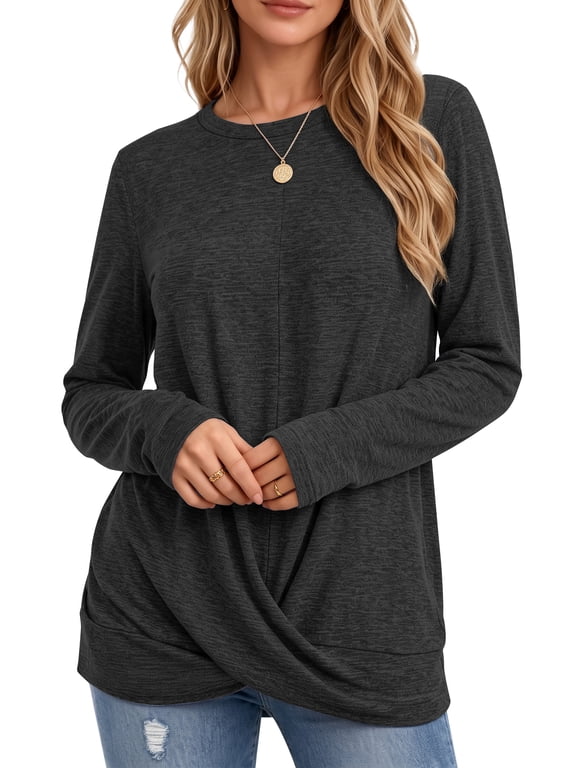 Long Sleeve Shirts for Women Dressy Casual Tunic Tops Crewneck Front Twist Blouses