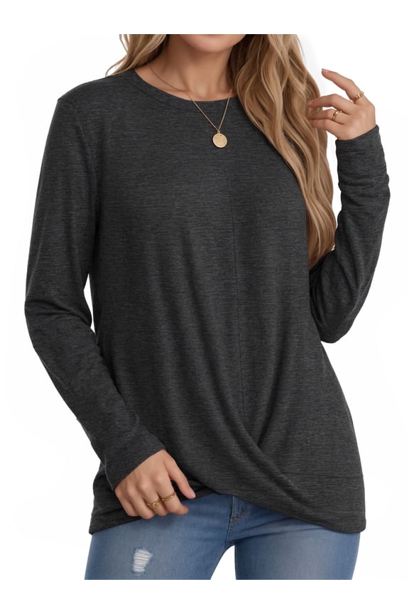 Long Sleeve Shirts for Women Dressy Casual Tunic Tops Crewneck Front Twist Blouses