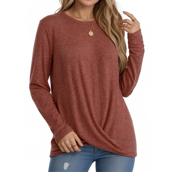 OALUXE Long Sleeve Shirts for Women Dressy Casual Tunic Tops Crewneck Front Twist Blouses