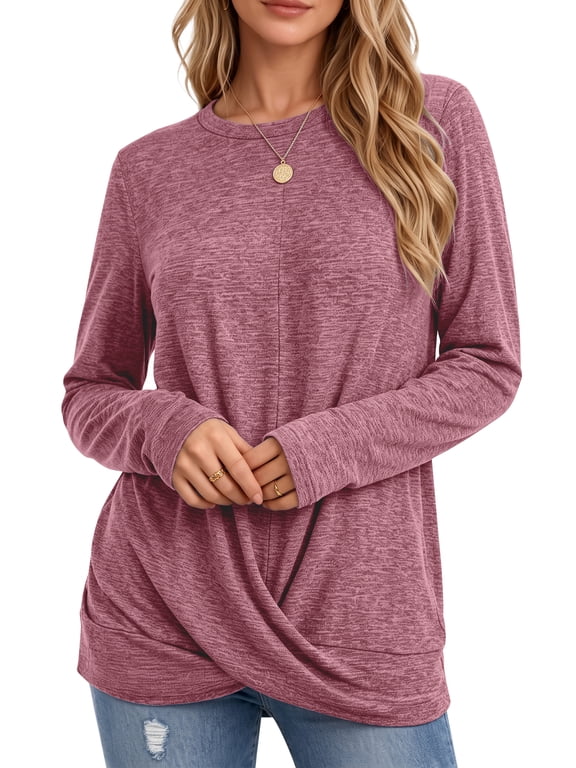 Long Sleeve Shirts for Women Dressy Casual Tunic Tops Crewneck Front Twist Blouses