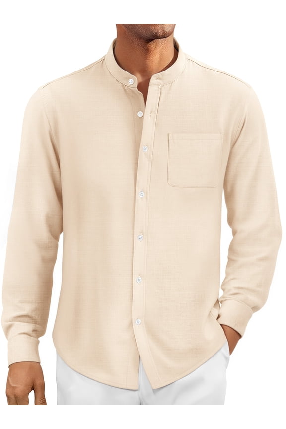 Men's Linen Shirts Long Sleeve Button Down Shirt Band Collar Casual Summer Beach Shirts