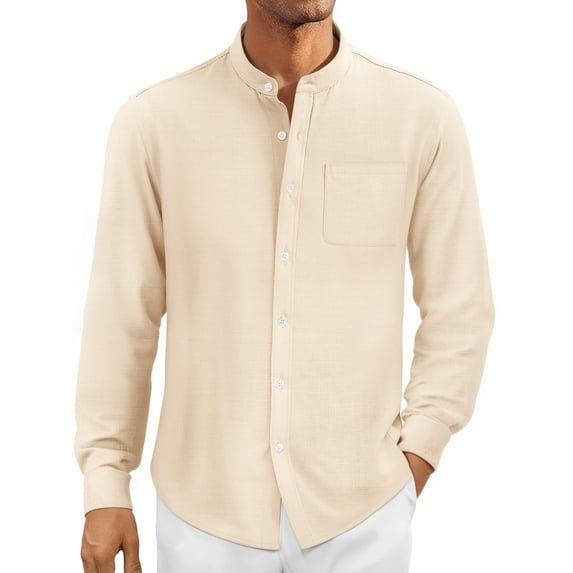 OALUXE Men's Linen Shirts Long Sleeve Button Down Shirt Band Collar Casual Summer Beach Shirts