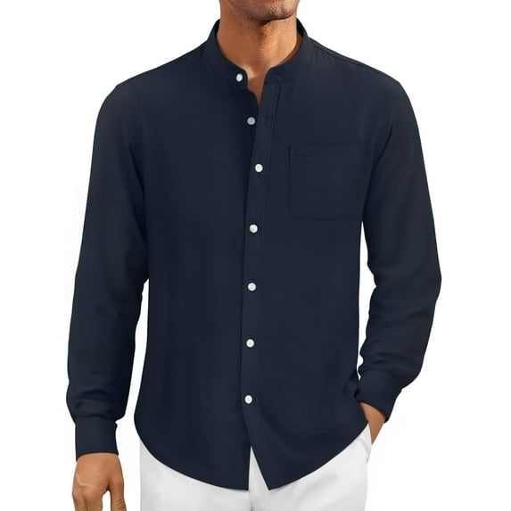 OALUXE Men's Linen Shirts Long Sleeve Button Down Shirt Band Collar Casual Summer Beach Shirts