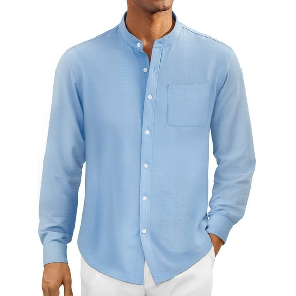 OALUXE Men's Linen Shirts Long Sleeve Button Down Shirt Band Collar Casual Summer Beach Shirts
