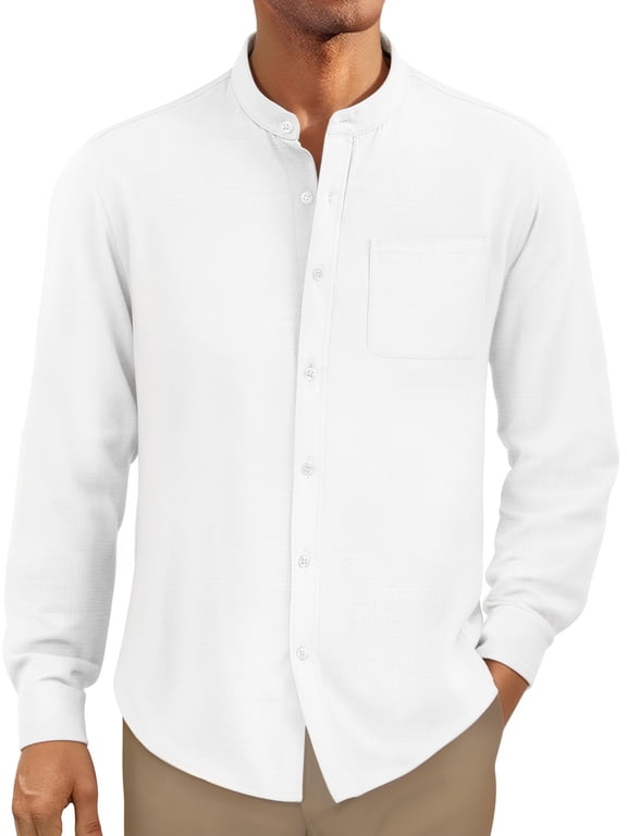 Men's Linen Shirts Long Sleeve Button Down Shirt Band Collar Casual Summer Beach Shirts