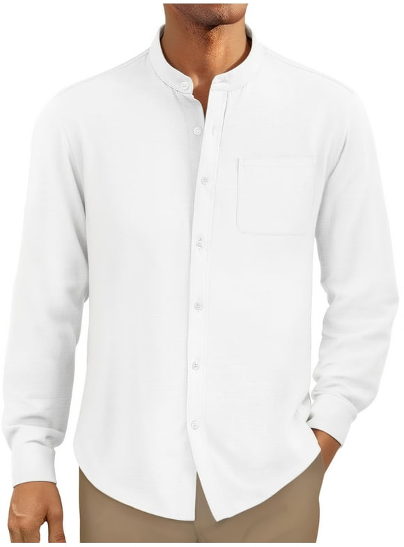 Men's Linen Shirts Long Sleeve Button Down Shirt Band Collar Casual Summer Beach Shirts