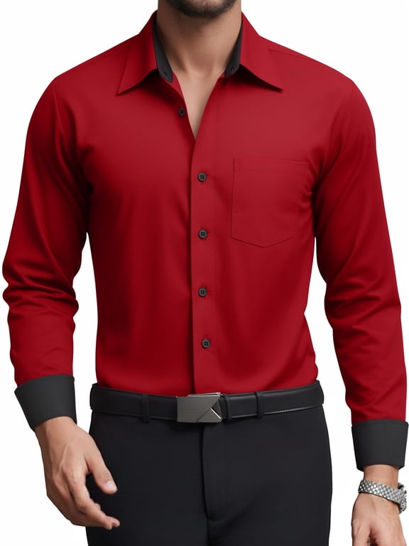 Mens Dress Shirts Formal Long Sleeve Button Down Business Contrast Shirt with Pocket
