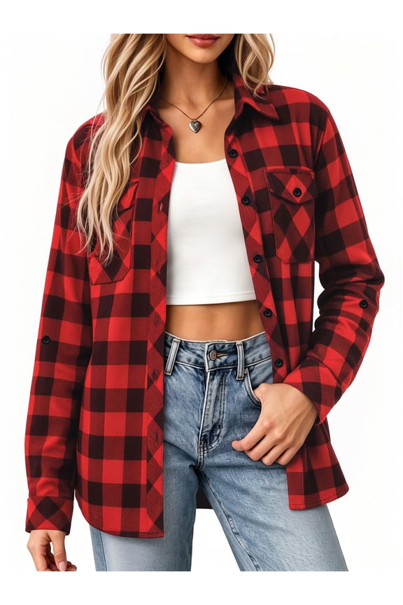 Plaid Shirts for Women Roll Up Long Sleeve Casual Button Down Blouses Tops with Pockets