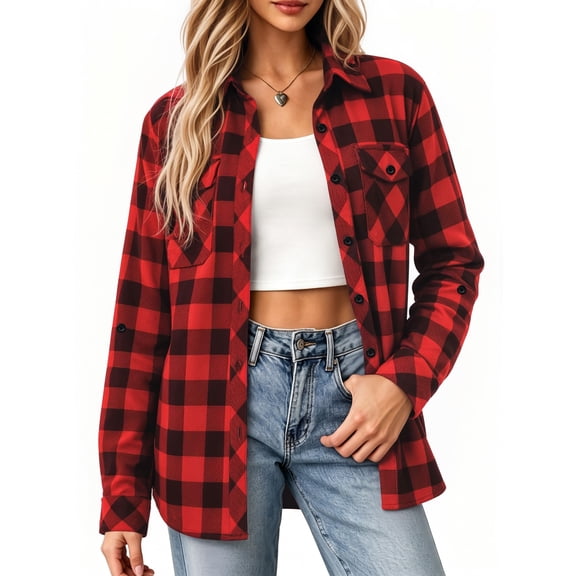 OALUXE Plaid Shirts for Women Roll Up Long Sleeve Casual Button Down Blouses Tops with Pockets