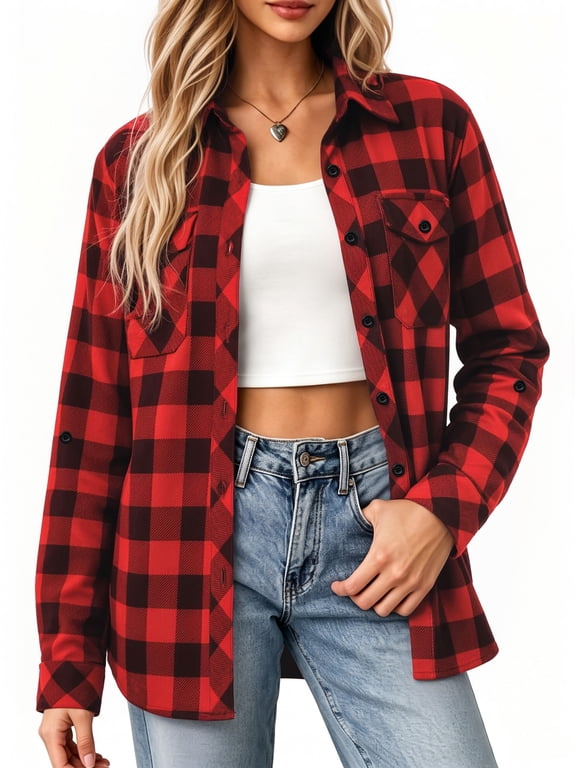 Plaid Shirts for Women Roll Up Long Sleeve Casual Button Down Blouses Tops with Pockets