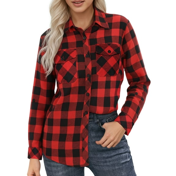 OALUXE Plaid Shirts for Women Roll Up Long Sleeve Casual Button Down Blouses Tops with Pockets