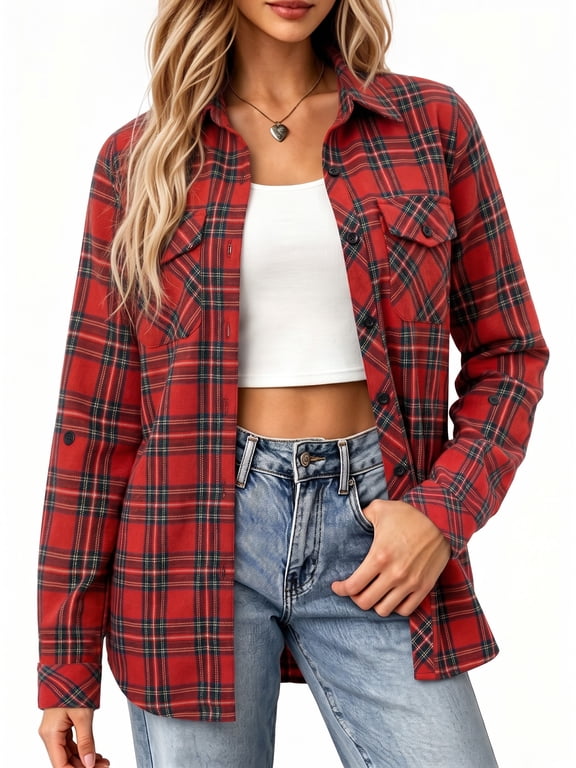 Plaid Shirts for Women Roll Up Long Sleeve Casual Button Down Blouses Tops with Pockets