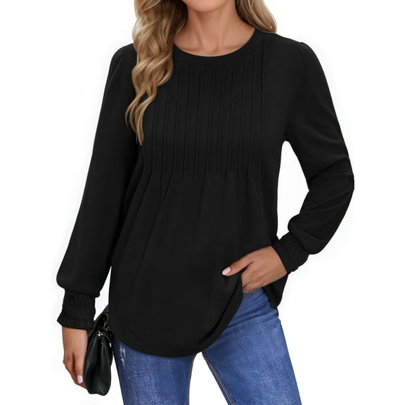 OALUXE Pleated Blouses for Women Long Sleeve Shirts Dressy Casual Tunic Tops with Smocked Cuffs