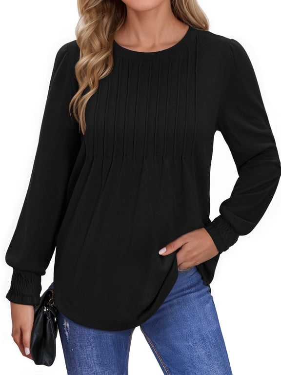 Pleated Blouses for Women Long Sleeve Shirts Dressy Casual Tunic Tops with Smocked Cuffs