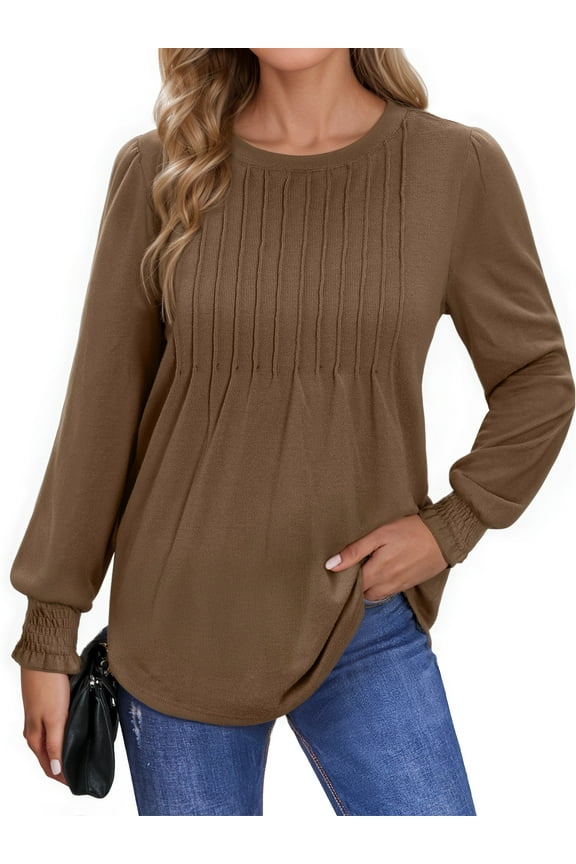 Pleated Blouses for Women Long Sleeve Shirts Dressy Casual Tunic Tops with Smocked Cuffs