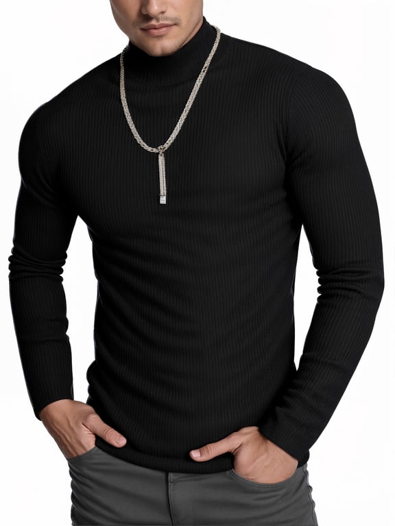 Turtleneck Ribbed Long Sleeve Shirts for Mens Undershirts Knit Thermal Basic Tops