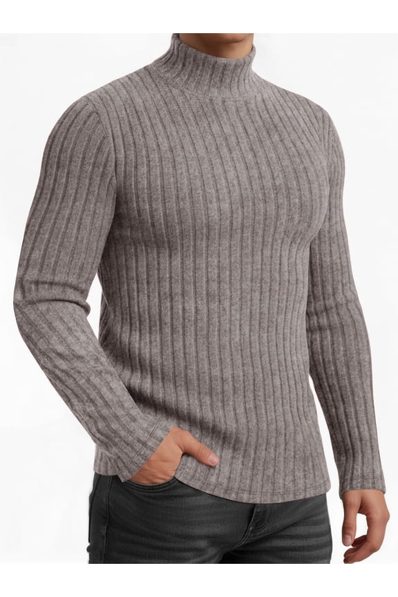 Turtleneck Ribbed Long Sleeve Shirts for Mens Undershirts Knit Thermal Fitted Basic Tops