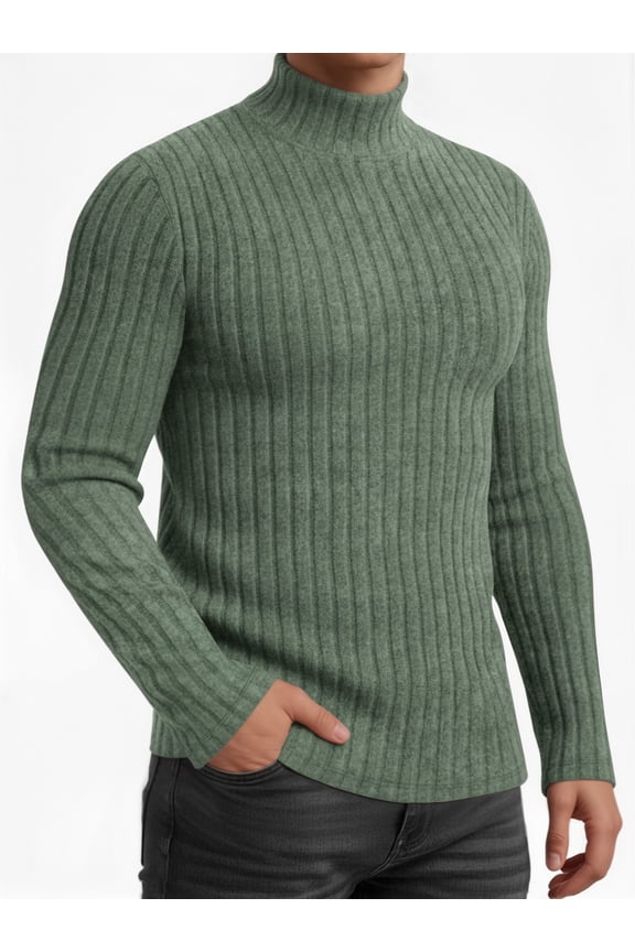 Turtleneck Ribbed Long Sleeve Shirts for Mens Undershirts Knit Thermal Fitted Basic Tops
