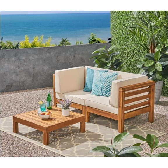 OANA 3-Piece Beige Acacia Wood Modular Loveseat Set with Coffee Table for Patio & Deck Water-Resistant Polyester Cushions, Durable Outdoor Furniture