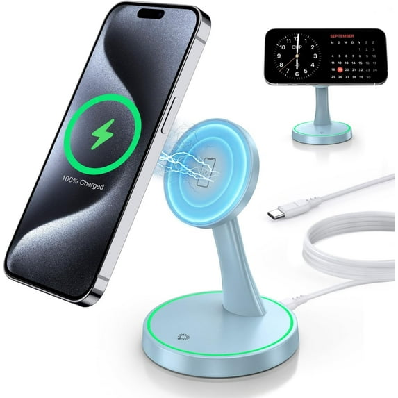 OANDYS Magnetic Wireless Charger Station for iPhone 16/15/14/13/12 Series – 15W Fast Charging with Mag-Safe Compatibility, Blue