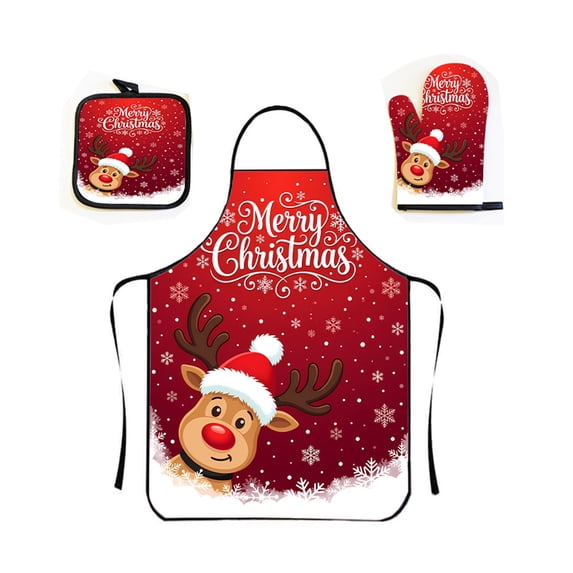 OANLKGI 3PCS Christmas Kitchen Set 23.62 x 31.50 IN Merry Christmas Red Set Apron Oven Mitt and Pot Holder Textile Collection for Cooking Serving Winter Holiday Kitchen Decoration Multicolor