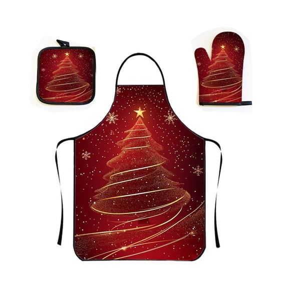 OANLKGI 3PCS Christmas Kitchen Set 23.62 x 31.50 IN Red Striped Kitchen Set Apron Oven Mitt and Pot Holder Textile Collection for Cooking Serving Winter Holiday Kitchen Decoration Multicolor