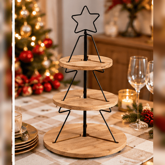 OANLKGI Christmas Cupcake Stand 17.72 x 7.87 in Three Round Trays Tiered Dessert Holder Metal Frame and Star Top Holiday Serving Display for Cookies Pastries and indoor Party Tables Khaki